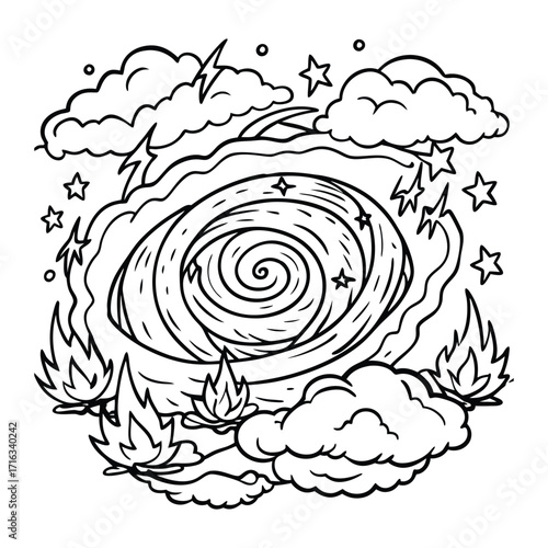 Skyfire, kids line art doodle pattern design t shirt silhouette and vector, intricate line art design, relaxing printable, high-quality illustration for stress relief, art therapy activity.
