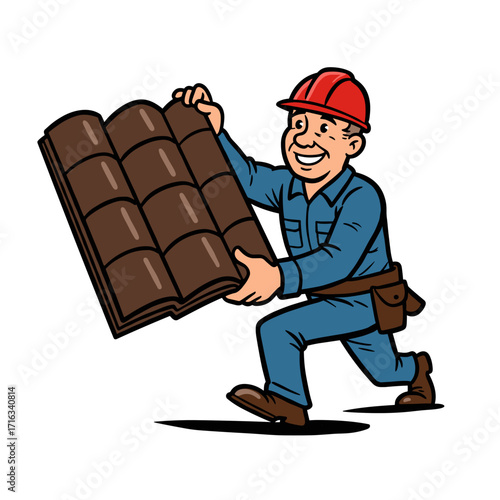 Smiling roofer carrying roof tile while walking outdoors