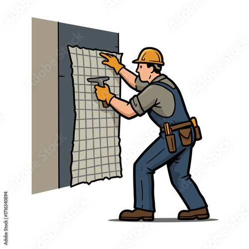 Worker applying insulation mesh on wall while repairing facade  