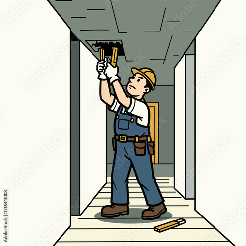 Worker repairing ceiling in corridor with tools during renovation  