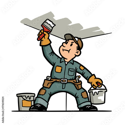 Painter applying ceiling paint while standing with paint buckets  