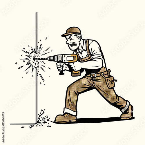Worker drilling wall partition with power drill in construction site  