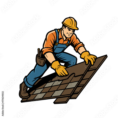 Construction worker replacing shingles on roof wearing gloves  