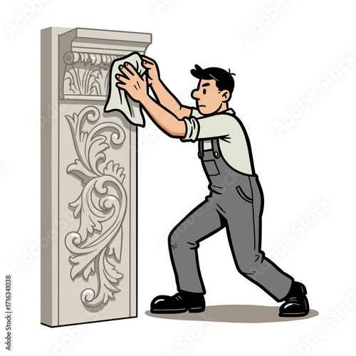 Worker polishing decorative plaster column in modern workshop setting  
