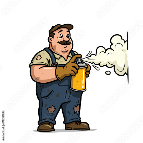Plumber applying foam sealant while wearing gloves and overalls  