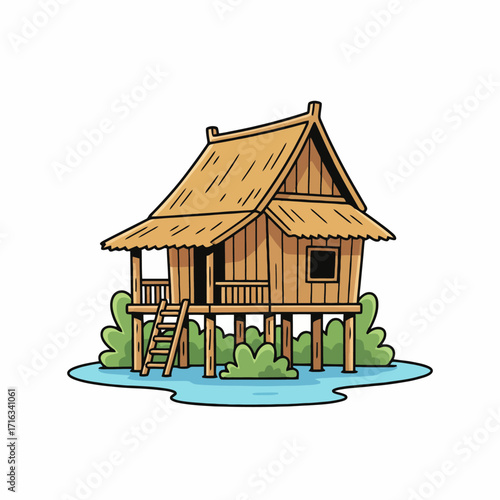 Clean Line Art Stilt House A dynamic and expressive vector illustration of a traditional stilt house. Isolated design with bold contours, ideal for microstock and contemporary projects.