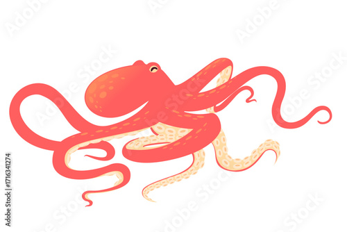 Swimming octopus with flowing tentacles in motion. Dynamic coral red cephalopod with curved arms. Marine animal in movement with suction cups detail. Vector illustration isolated on white background