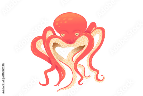 Red octopus with spread tentacles in frontal view. Marine cephalopod mollusk with suction cups. Eight arms extended in different directions. Ocean creature illustration. Vector illustration isolated