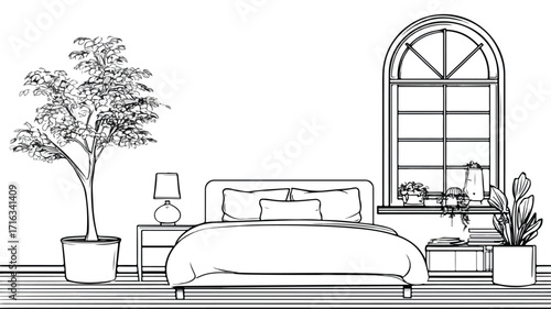Modern Bedroom with Bed, Plant, and Window Vector Illustration