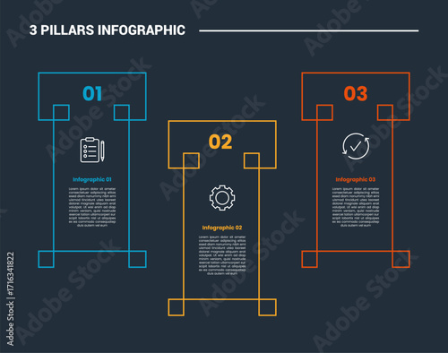 3 pillars infographic process diagram with creative swirl pillars up and down with dark background bright outline style 3 points