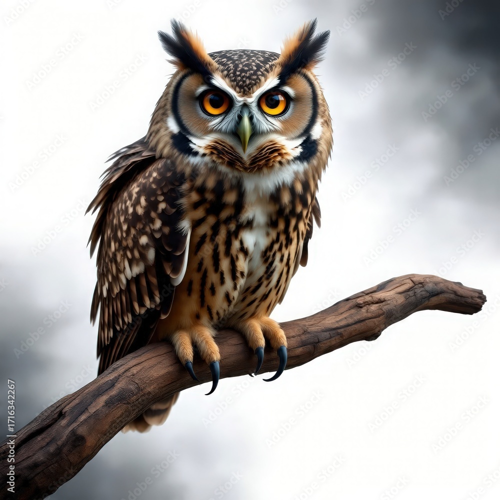 Obraz premium Spooky Owl with Glowing Eyes. Halloween Symbol. White Background.