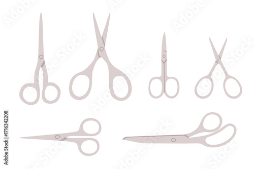 Scissors collection set. Gray cutting tools in various shapes and sizes. Professional hairdressing and craft supplies. Different blade types. Vector illustration isolated on white background