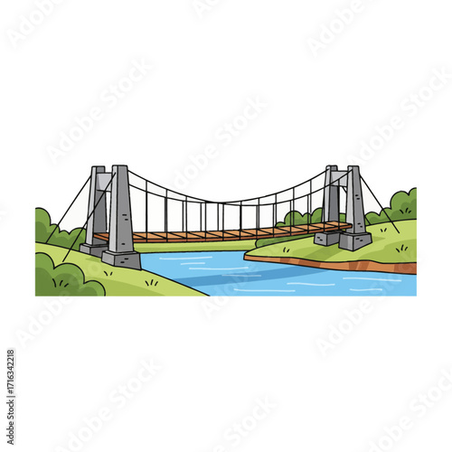 Suspension Bridge Vector A minimalist flat design vector illustration of a suspension bridge over a river. Clean lines, a natural color palette, and an isolated design for rural scenes.