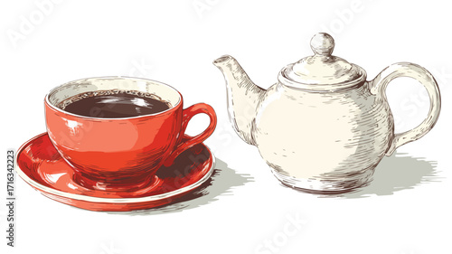 Elegant Coffee Cup and Teapot on Table Vector Illustration