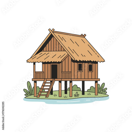 Traditional Stilt House Vector An isolated, high-resolution vector of a minimalist traditional village stilt house. Clean line art and a contemporary, scalable design on a white background.