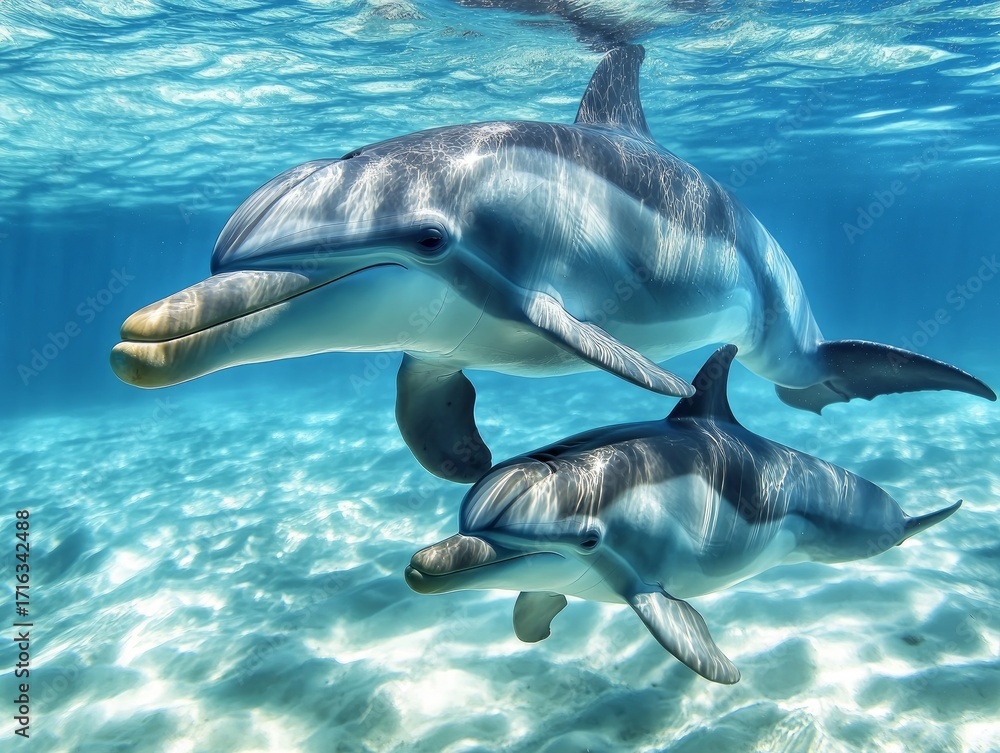 Obraz premium Close-up of a baby dolphin swimming closely alongside its mother, showcasing their strong familial bond