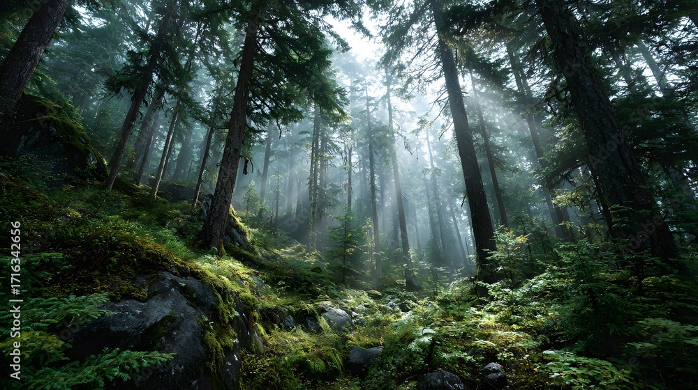 Obraz premium Mystical, dense old-growth forest with towering trees and gentle morning mist. Ethereal sun rays filter through the canopy onto a lush fern floor.