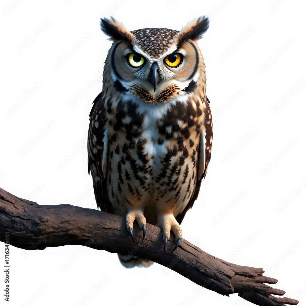 Obraz premium Spooky Owl with Glowing Eyes. Halloween Symbol. White Background.