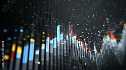 Dynamic digital abstract visualization showcasing colorful data metrics in a futuristic environment with vibrant light effects.