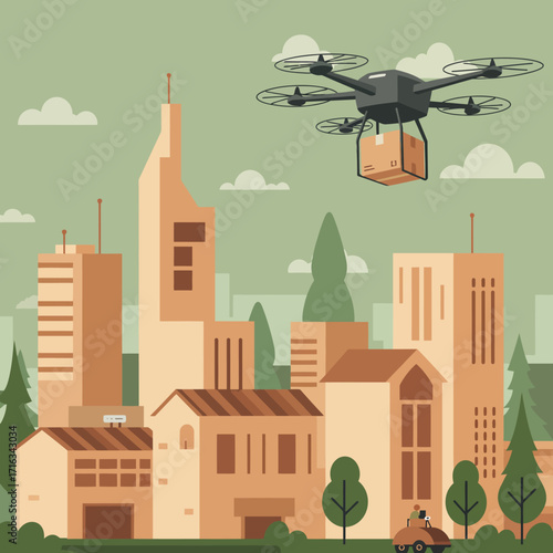 Drone delivering package over cityscape with buildings and trees, representing modern logistics and fast delivery services in urban environments