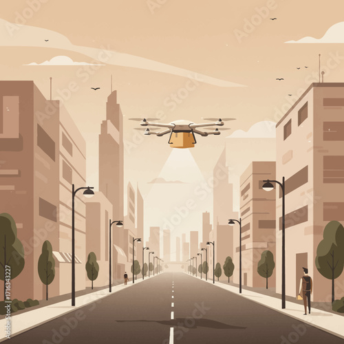 Urban Delivery A Drone Carrying a Package Down a City Street on a Sunny Day