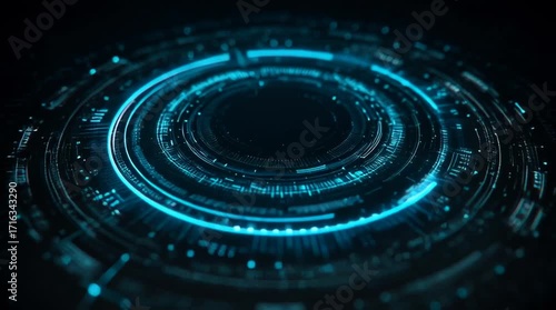 Futuristic circular technology design with glowing blue lines on a dark background, ideal for digital art and tech concepts.