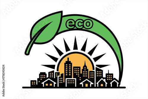 Green leaf arching over sunlit city skyline with eco text buildings architecture