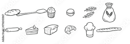 Bread collection in black and white. Vector drawing of bakery products,  vector Illustration.