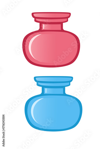 Pink and blue glass bottles with cork stoppers. Transparent containers for perfume or cosmetics. Round and flat shaped jars. Modern minimalist design. Vector illustration isolated on white background