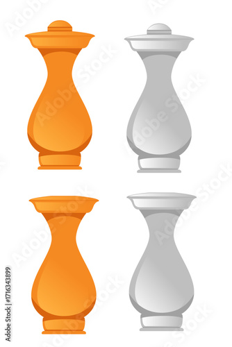 Orange and gray vases with cork stoppers collection. Traditional ceramic vessels in different sizes and shapes. Classic pottery design style. Vector illustration isolated on white background