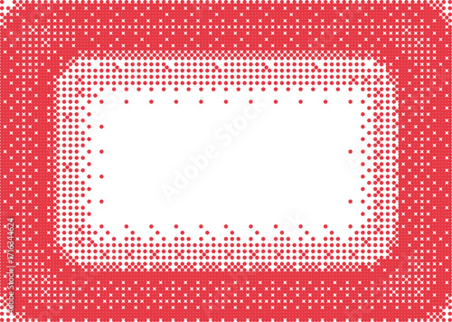 Retro pixel art rectangle frame. 8 bit bitmap dotted gradient border with copy space. Glitch dither pattern, 8 bit background. Leisure or arcade games red stroke, halftone border 