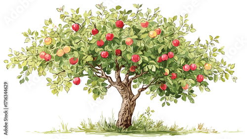 Apple Tree with Tree Drawing and Wooden Background EPS Image for Stock Photos
