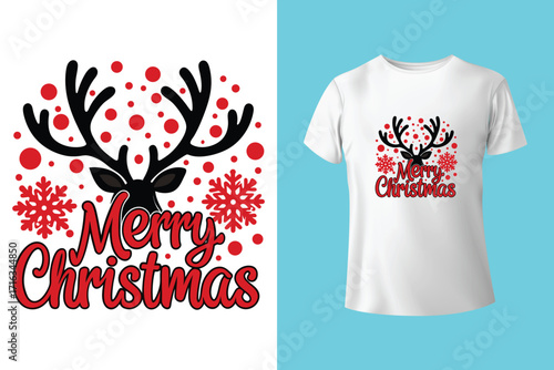 "Eat drink and be merry" typography Christmas tree t-shirt design.