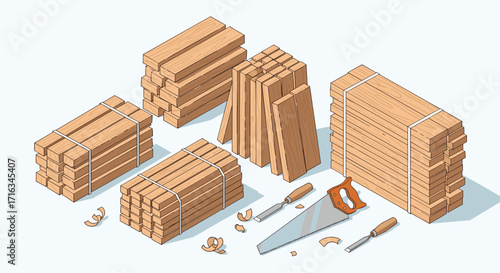 A collection of lumber bundles and carpentry tools is neatly arranged on a clean surface.