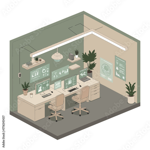 Isometric View of a Modern Control Room with Advanced Technology