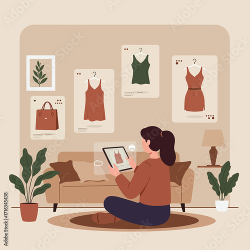 Woman Shopping Online for Clothes Browsing Fashion on a Tablet in Her Cozy Living Room