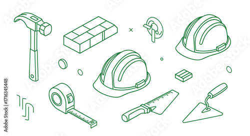 A collection of construction tools and safety equipment including hammers, bricks, helmets, and trowels.