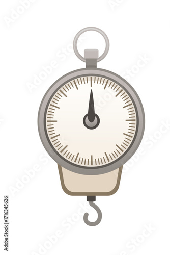 Hanging scale with hook and round dial display. Portable weighing device for fishing and luggage measurement. Spring balance mechanism design. Vector illustration isolated on white background