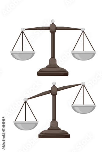 Balance scales collection showing equal and unequal weight positions. Classic justice symbol with two metal pans. Legal and fairness concept design. Vector illustration isolated on white background