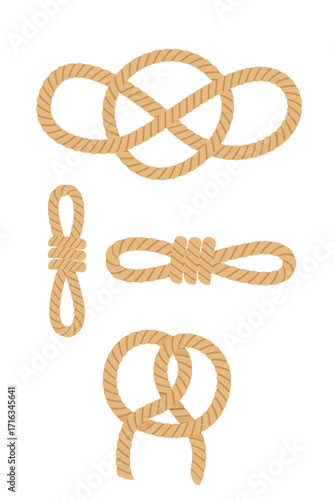 Rope knots collection with different nautical and decorative patterns. Brown twisted cord forming various loop and binding designs. Marine equipment elements set. Vector illustration on white