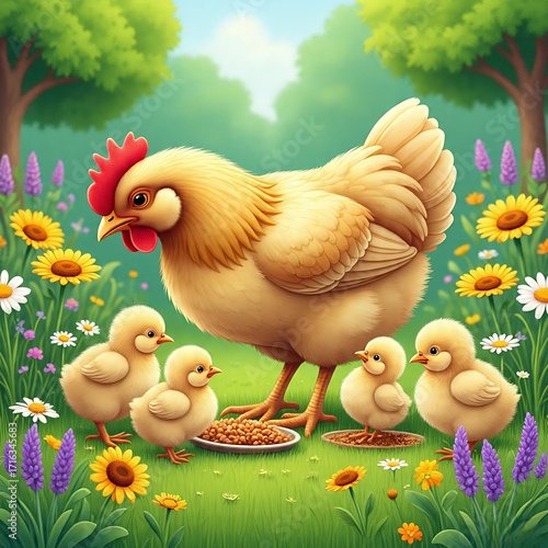 hen with her chicks on the grass