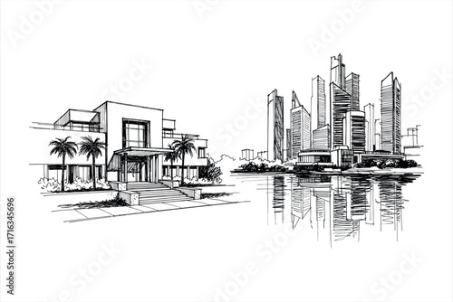 Sketch of modern villa with palm trees and city skyline reflected in water drawing illustration