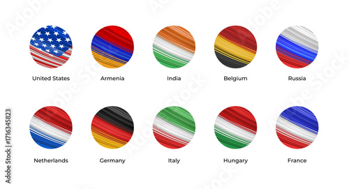 Vector set of round flag icons with modern painted brush texture