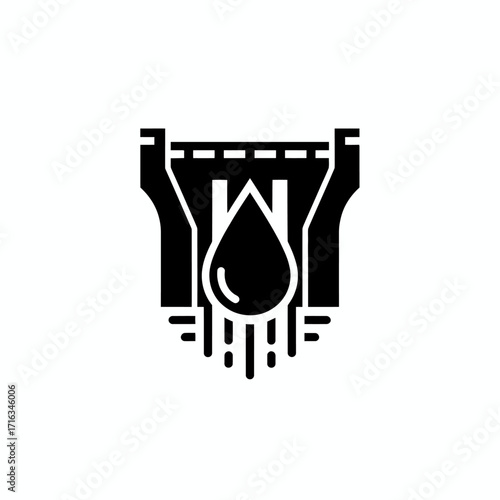 A black glyph icon of a hydroelectric dam with a water drop, representing hydro power and water resources.