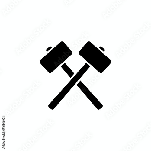 A simple black icon of two crossed sledgehammers, symbolizing labor, construction, demolition, or strength.
