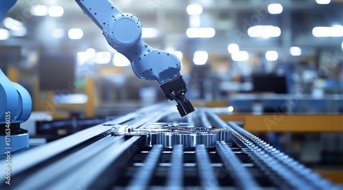 Wallpaper Mural Industrial robotic arm assembling components on a conveyor belt in a manufacturing facility Torontodigital.ca