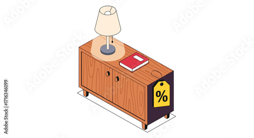 A wooden cabinet with a lamp and a book on top with a discount tag.