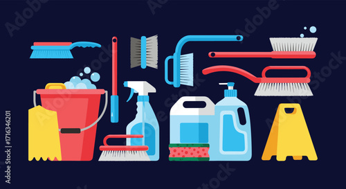 A comprehensive collection of household cleaning tools and supplies for effective home maintenance.