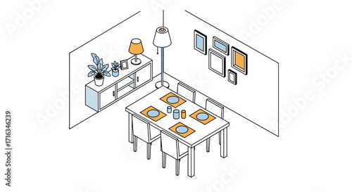 A cozy dining area with a table set for four and a sideboard displaying decorative items.