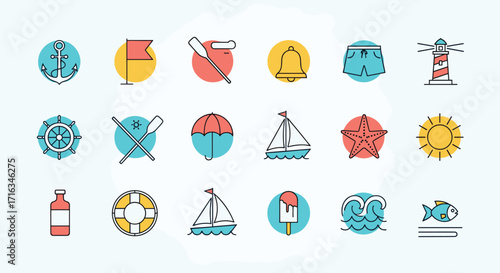 A collection of nautical and ocean themed icons with a playful design.